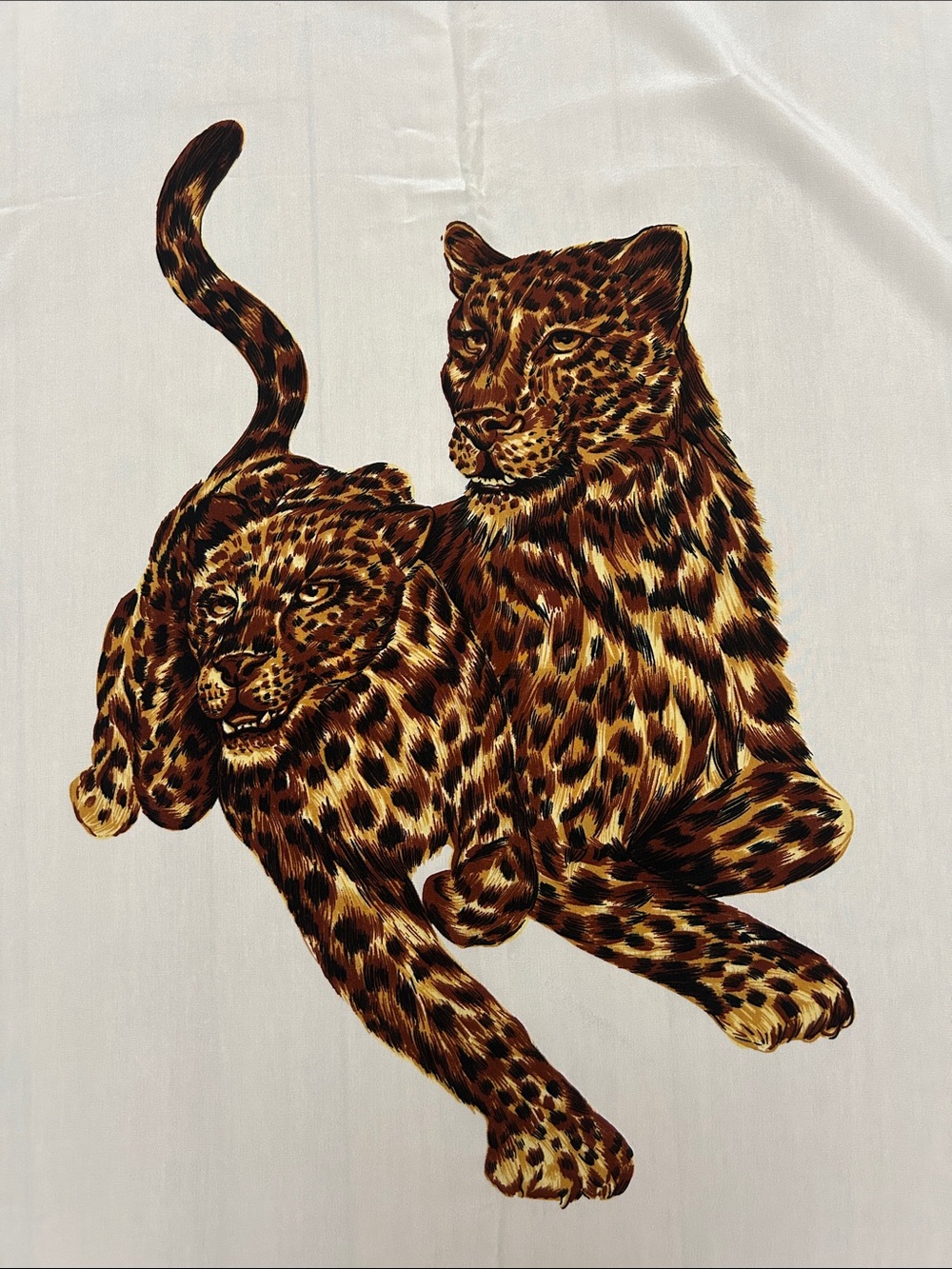 VTG Fu Da Cream Decorative Silk Scarf with Leopard Pair Print